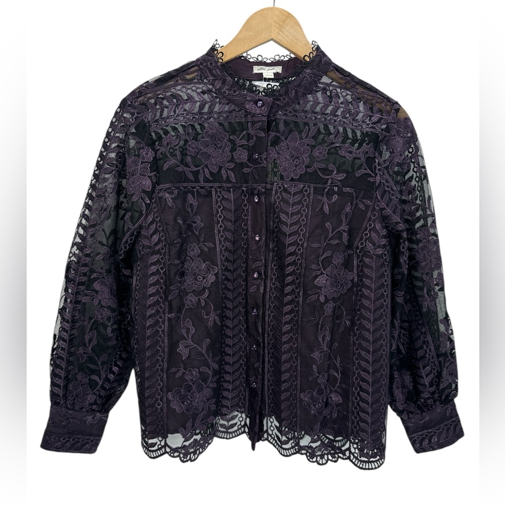 Ultra Pink Eggplant Lace Mock Neck Sheer Romantic Victorian Blouse Long Sleeve L